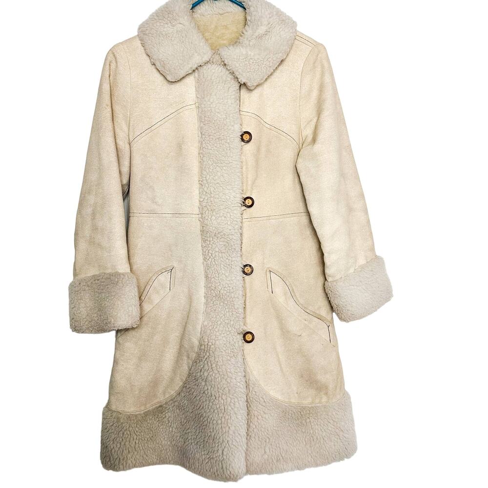 Vintage Leather Coat Shearling Lined with Toggle Buttons Cream
